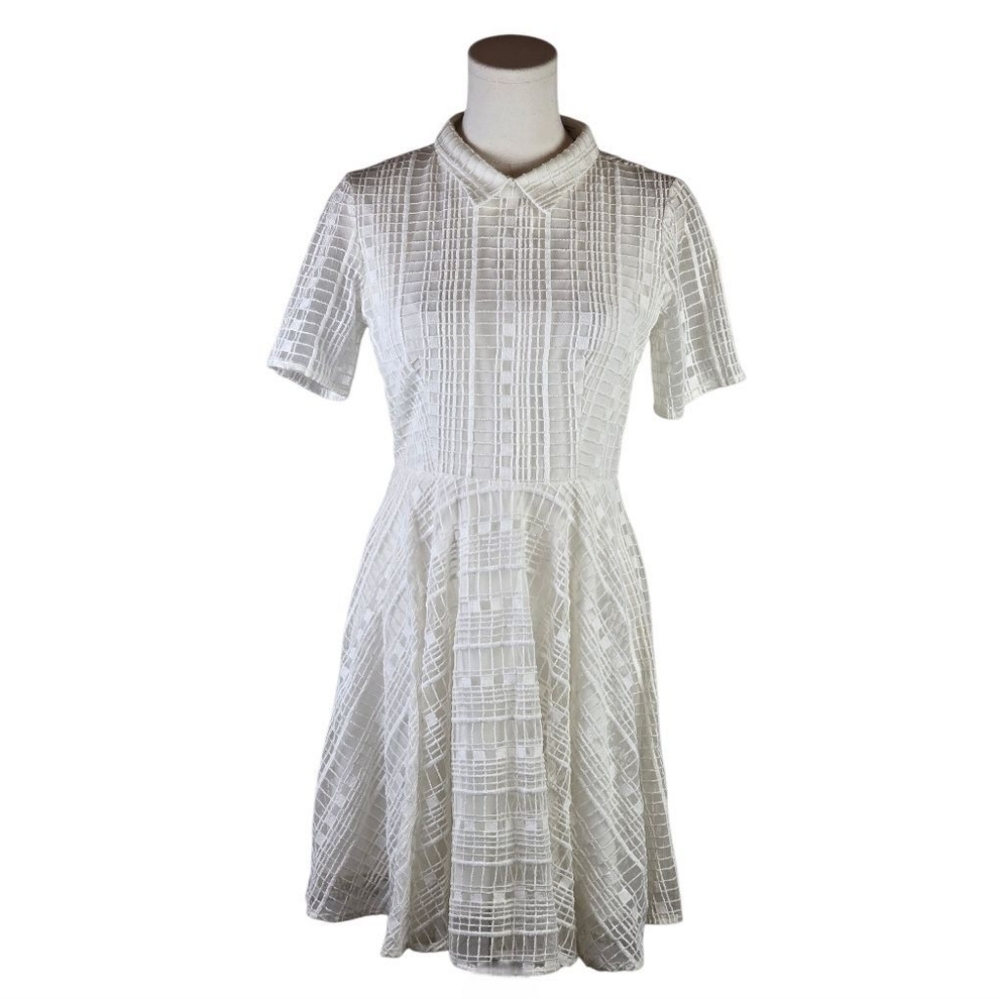 20AGAIN White Fit & Flare Textured Collared Dress Women’s M Office Bridal